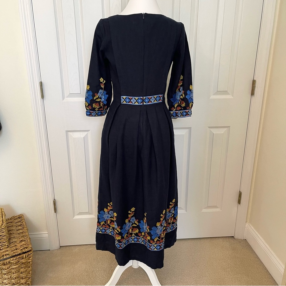 Linen Gallery Navy Blue Embroidered Midi Prairie Dress - Picture 3 of 16
